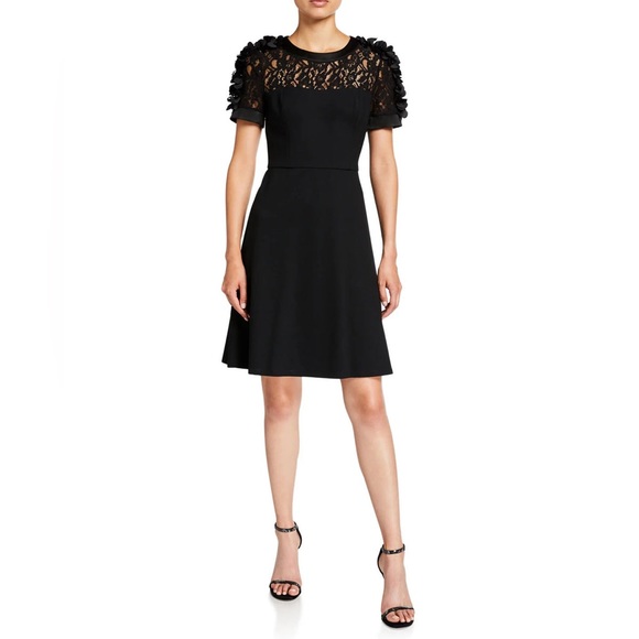 Black fit and flare floral appliqué lace top dress with butterfly sleeve accents - Picture 3 of 5